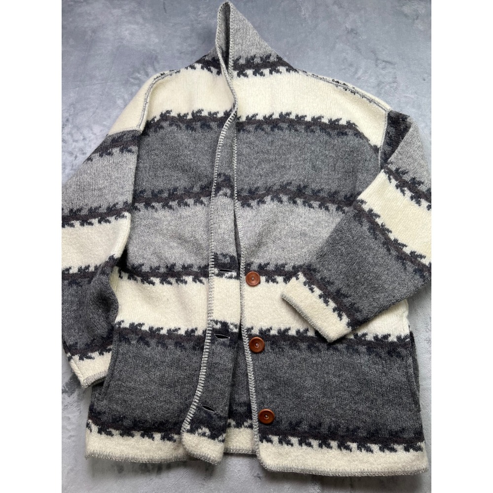 Coldwater Creek Vintage 100% Wool Cardigan Sweater XL Grey Cream Striped USA